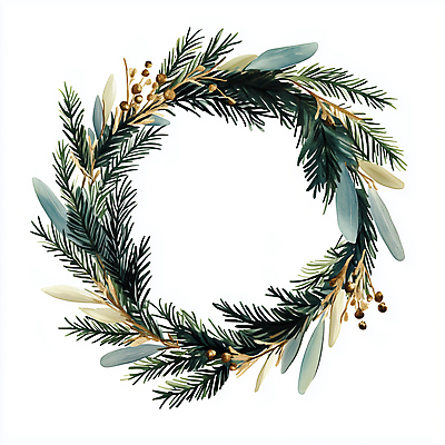 JPG 크리스마스 겨울 일러스트 나뭇잎 사람없음 장식 초록색 화환 금색 솔잎 솔잎장식 크리스마스리스 국내일러스트 AI일러스트 AI콘텐츠 계절 기념일 꽃 컬러 잎 파일형식