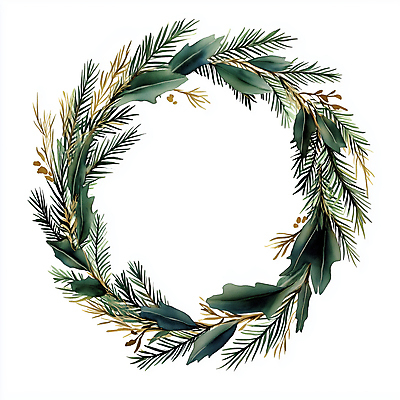 JPG 크리스마스 겨울 일러스트 나뭇잎 사람없음 장식 초록색 화환 금색 솔잎 솔잎장식 크리스마스리스 국내일러스트 AI일러스트 AI콘텐츠 계절 기념일 꽃 컬러 잎 파일형식