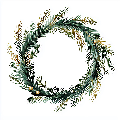 JPG 크리스마스 겨울 일러스트 나뭇잎 사람없음 장식 초록색 화환 금색 솔잎 솔잎장식 크리스마스리스 국내일러스트 AI일러스트 AI콘텐츠 계절 기념일 꽃 컬러 잎 파일형식