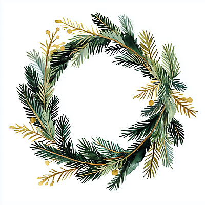 JPG 크리스마스 겨울 일러스트 나뭇잎 사람없음 장식 초록색 화환 금색 솔잎 솔잎장식 크리스마스리스 국내일러스트 AI일러스트 AI콘텐츠 계절 기념일 꽃 컬러 잎 파일형식