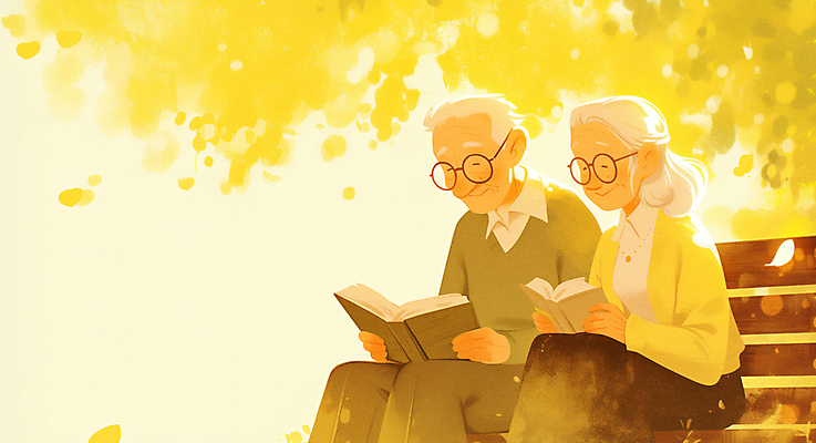 JPG 나무 여자 노년 남자 행복 잎 벤치 일러스트 휴식 들기 앉기 두명 책 독서 노란색 평화 노부부 가을 노인만 안경낌 국내일러스트 AI일러스트 AI콘텐츠 식물 부부 계절 감정 안경 컬러 컨셉 의자 모션 사람 성인 성인만 파일형식