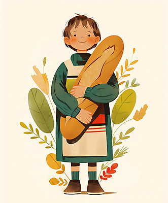 JPG 전신 식물 남자 어린이 빵 일러스트 나뭇잎 한명 웃음 들기 소년 연두색 앞치마 니트 소년한명만 국내일러스트 AI일러스트 AI콘텐츠 1 음식 상의 잎 모션 표정 사람 초록색 남자한명만 소년만 파일형식
