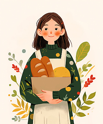 JPG 식물 여자 일러스트 나뭇잎 한명 웃음 성인 초록색 앞치마 빵집 빵봉지 성인여자한명만 국내일러스트 AI일러스트 AI콘텐츠 1 빵 컬러 잎 봉투 표정 사람 상점 여자한명만 성인여자만 파일형식