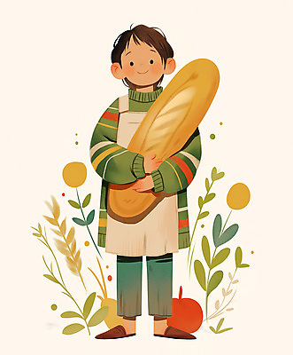 JPG 전신 식물 남자 어린이 빵 일러스트 나뭇잎 한명 웃음 들기 소년 연두색 앞치마 니트 소년한명만 국내일러스트 AI일러스트 AI콘텐츠 1 음식 상의 잎 모션 표정 사람 초록색 남자한명만 소년만 파일형식