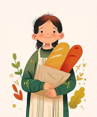 JPG 식물 여자 어린이 일러스트 나뭇잎 한명 웃음 들기 소녀 연두색 앞치마 빵봉지 소녀한명만 국내일러스트 AI일러스트 AI콘텐츠 1 빵 잎 모션 봉투 표정 사람 초록색 여자한명만 소녀만 파일형식