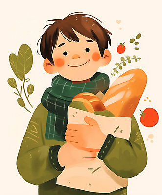 JPG 식물 남자 일러스트 나뭇잎 한명 웃음 들기 연두색 니트 빵봉지 성인남자한명만 국내일러스트 AI일러스트 AI콘텐츠 1 빵 상의 잎 모션 봉투 표정 사람 초록색 남자한명만 성인남자만 파일형식