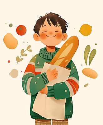 JPG 식물 남자 어린이 일러스트 나뭇잎 한명 웃음 들기 소년 초록색 니트 빵봉지 소년한명만 국내일러스트 AI일러스트 AI콘텐츠 1 빵 컬러 상의 잎 모션 봉투 표정 사람 남자한명만 소년만 파일형식