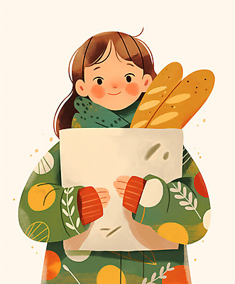 JPG 식물 여자 어린이 일러스트 나뭇잎 한명 웃음 소녀 연두색 빵집 니트 빵봉지 소녀한명만 국내일러스트 AI일러스트 AI콘텐츠 1 빵 상의 잎 봉투 표정 사람 초록색 상점 여자한명만 소녀만 파일형식
