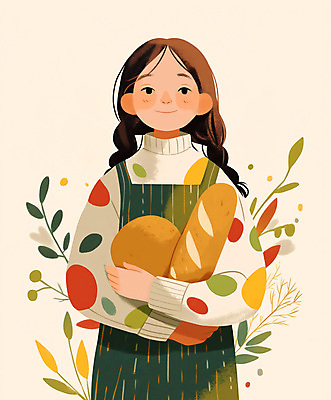 JPG 식물 여자 어린이 빵 일러스트 나뭇잎 한명 웃음 들기 소녀 연두색 앞치마 빵집 니트 소녀한명만 국내일러스트 AI일러스트 AI콘텐츠 1 음식 상의 잎 모션 표정 사람 초록색 상점 여자한명만 소녀만 파일형식