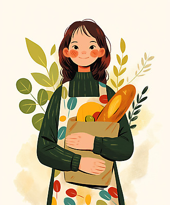 JPG 식물 여자 일러스트 나뭇잎 한명 웃음 들기 소녀 연두색 앞치마 빵봉지 소녀만 소녀한명만 국내일러스트 AI일러스트 AI콘텐츠 1 어린이 빵 잎 모션 봉투 표정 사람 초록색 여자만 여자한명만 어린이만 파일형식