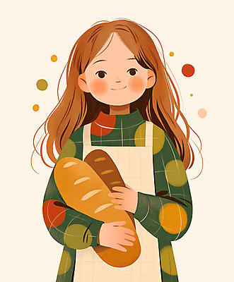 JPG 식물 여자 어린이 빵 일러스트 나뭇잎 한명 웃음 들기 소녀 연두색 앞치마 빵집 소녀한명만 국내일러스트 AI일러스트 AI콘텐츠 1 음식 잎 모션 표정 사람 초록색 상점 여자한명만 소녀만 파일형식
