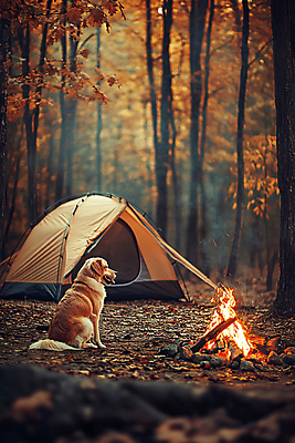 JPG 편집이미지 라이프스타일 여행 텐트 사람없음 소풍 캠핑 가을 강아지 숲속 모닥불 디지털합성 편집실사 AI포토 AI콘텐츠 계절 불 레저 캠핑도구 생활 반려동물 야외활동 개 숲 CG 파일형식