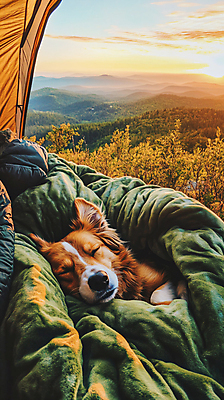 JPG 편집이미지 라이프스타일 여행 텐트 사람없음 소풍 캠핑 가을 잠 강아지 담요 디지털합성 편집실사 AI포토 AI콘텐츠 계절 레저 캠핑도구 생활 반려동물 야외활동 개 CG 파일형식