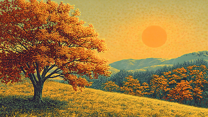 JPG 나무 편집이미지 자연 산 초원 사람없음 태양 노을 주황색 가을 숲 언덕 편집실사 AI컴퓨터그래픽 AI콘텐츠 자연요소 식물 계절 컬러 CG 생태계 파일형식