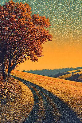 JPG 나무 편집이미지 자연 초원 사람없음 노을 주황색 가을 숲 언덕 편집실사 AI컴퓨터그래픽 AI콘텐츠 자연요소 식물 계절 컬러 CG 생태계 파일형식