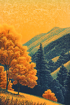 JPG 나무 편집이미지 자연 산 초원 사람없음 초록색 노을 주황색 가을 숲 언덕 편집실사 AI컴퓨터그래픽 AI콘텐츠 자연요소 식물 계절 컬러 CG 생태계 파일형식