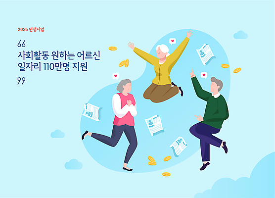 전신 여자 노년 남자 일러스트 세명 파란색 점프 동전 만세 구직 가리킴 복지 손모으기 일자리 이력서 정책 지원 노인만 2025년 국내일러스트 민생 AI파일 컬러 컨셉 돈 비즈니스 모션 사람 손짓 성인 연도 사회이슈 성인만 파일형식 벡터