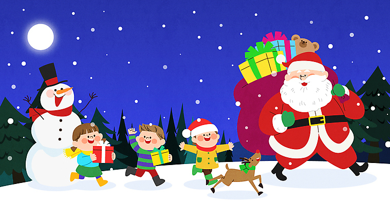 자연요소 식물 동물 여자 기념일 남자 어린이 다수 크리스마스 포유류 모션 날씨 사슴 선물 사람 성인 상자 파일형식 벡터 노년 나무 소녀 소년 루돌프 곰 선물상자 들기 걷기 전신 여러명 산타클로스 눈사람 눈 AI파일 일러스트 국내일러스트