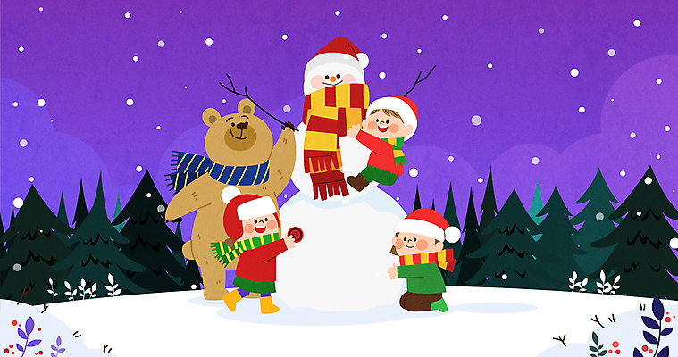 자연요소 식물 동물 여자 기념일 남자 어린이 크리스마스 포유류 모션 날씨 사슴 사람 파일형식 벡터 세명 어린이만 소녀 소년 나무 매달리기 안기 전신 눈사람 곰 루돌프 눈 AI파일 일러스트 국내일러스트