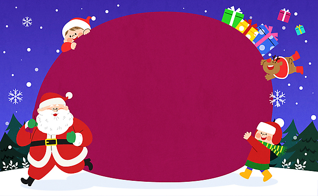 식물 여자 기념일 남자 어린이 크리스마스 모션 사슴 눈_날씨 선물 사람 성인 상자 자루 파일형식 벡터 나무 보따리 걷기 들기 눈꽃 선물상자 소녀 소년 노년 세명 전신 산타클로스 선물자루 루돌프 AI파일 일러스트 국내일러스트