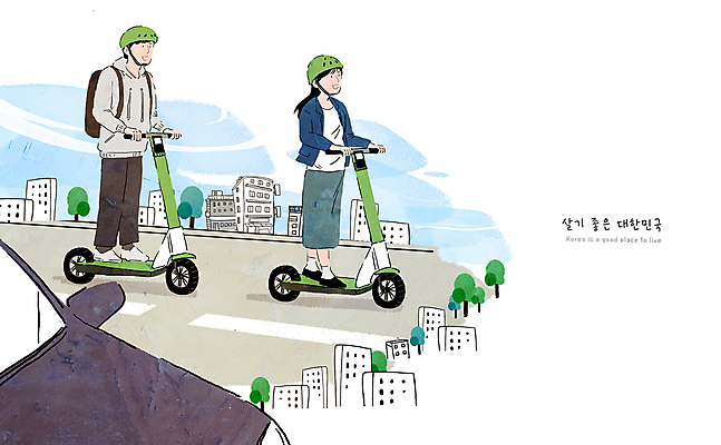 전신 PSD 나무 여자 남자 도로 교통 일러스트 자동차 한국 안전 성인 두명 건물 헬멧 교통안전 성인만 국내일러스트 공유킥보드 식물 건축물 아시아 길 육상교통 교통시설 사람 보호장비 퀵보드 파일형식