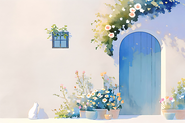 JPG 꽃 화분 잎 일러스트 창문 수채화 주택 그림자 사람없음 문 고양이 오후 국내일러스트 AI일러스트 AI콘텐츠 식물 포유류 건물 반려동물 파일형식