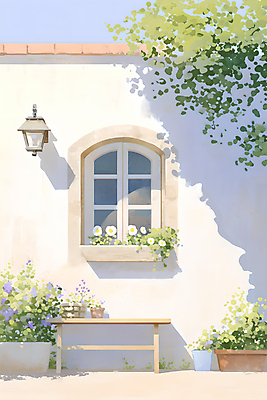 JPG 꽃 화분 잎 일러스트 창문 조명 수채화 주택 그림자 사람없음 국내일러스트 AI일러스트 AI콘텐츠 식물 건물 파일형식