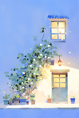 JPG 꽃 화분 잎 일러스트 창문 조명 수채화 주택 사람없음 빛 문 저녁 국내일러스트 AI일러스트 AI콘텐츠 식물 건물 야간 파일형식