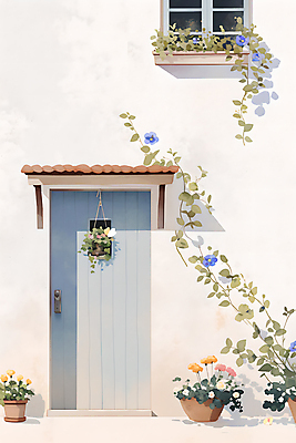 JPG 꽃 화분 잎 일러스트 창문 수채화 주택 그림자 사람없음 문 행잉플랜트 국내일러스트 AI일러스트 AI콘텐츠 식물 건물 파일형식