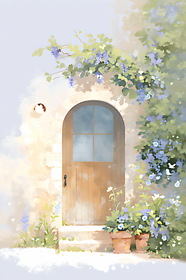 JPG 꽃 화분 잎 일러스트 수채화 주택 그림자 사람없음 문 국내일러스트 AI일러스트 AI콘텐츠 식물 건물 파일형식