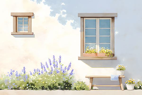 JPG 꽃 화분 잎 일러스트 창문 수채화 주택 그림자 사람없음 국내일러스트 AI일러스트 AI콘텐츠 식물 건물 파일형식
