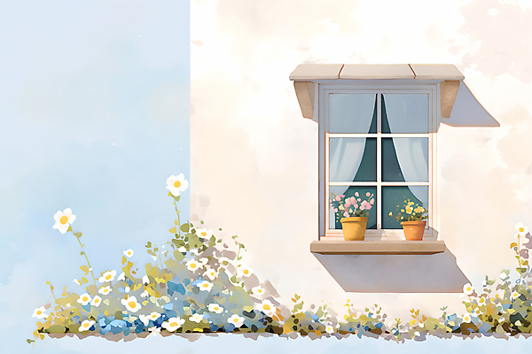 JPG 꽃 화분 잎 일러스트 창문 수채화 주택 그림자 사람없음 커튼 국내일러스트 AI일러스트 AI콘텐츠 식물 건물 파일형식