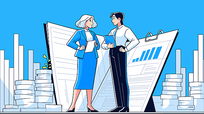 전신 여자 남자 일러스트 비즈니스 부동산 그래프 협력 서기 들기 성인 두명 경제 파란색 자료 직장인 전문직 분석 상담 문서 오피스룩 소통 서류더미 서류판 성인만 국내일러스트 AI파일 직업 옷 컬러 컨셉 모션 사람 사무용품 재산 파일형식 벡터 더미