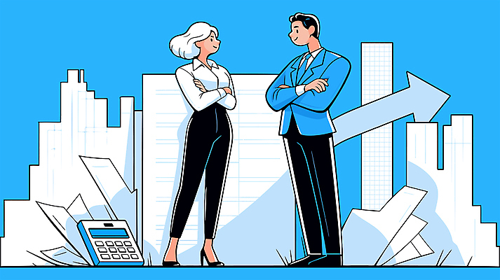 전신 여자 남자 화살표 일러스트 비즈니스 부동산 그래프 협력 서기 성인 두명 경제 파란색 팔짱 자료 직장인 전문직 분석 상담 문서 오피스룩 소통 성인만 국내일러스트 AI파일 직업 옷 컬러 컨셉 모션 사람 재산 파일형식 벡터