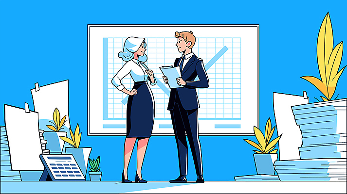 전신 여자 남자 화분 일러스트 비즈니스 부동산 그래프 협력 서기 성인 두명 경제 파란색 자료 직장인 전문직 분석 상담 문서 오피스룩 소통 서류더미 성인만 국내일러스트 AI파일 직업 옷 컬러 컨셉 모션 사람 재산 파일형식 벡터 더미