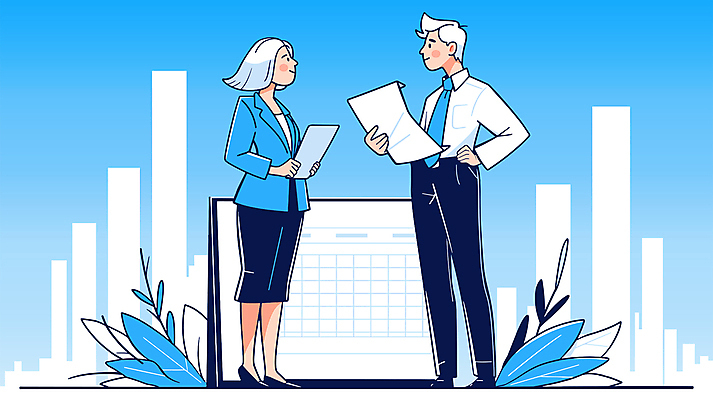 전신 여자 남자 일러스트 비즈니스 부동산 협력 서기 들기 성인 두명 경제 파란색 자료 직장인 전문직 분석 상담 문서 오피스룩 소통 성인만 국내일러스트 AI파일 직업 옷 컬러 컨셉 모션 사람 재산 파일형식 벡터