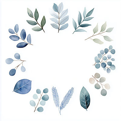 JPG 잎 일러스트 나뭇잎 수채화 사람없음 장식 파란색 심플 원형프레임 국내일러스트 AI일러스트 AI콘텐츠 식물 컬러 프레임 원형 파일형식