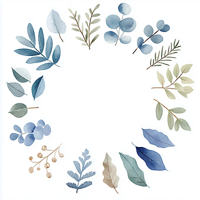 JPG 잎 일러스트 나뭇잎 수채화 사람없음 장식 파란색 심플 원형프레임 국내일러스트 AI일러스트 AI콘텐츠 식물 컬러 프레임 원형 파일형식