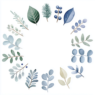 JPG 잎 일러스트 나뭇잎 수채화 사람없음 장식 파란색 심플 원형프레임 국내일러스트 AI일러스트 AI콘텐츠 식물 컬러 프레임 원형 파일형식