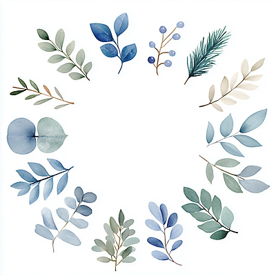 JPG 잎 일러스트 나뭇잎 수채화 사람없음 장식 파란색 심플 원형프레임 국내일러스트 AI일러스트 AI콘텐츠 식물 컬러 프레임 원형 파일형식
