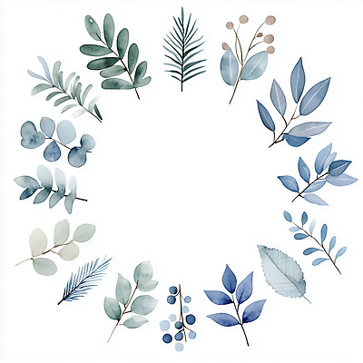 JPG 잎 일러스트 나뭇잎 수채화 사람없음 장식 파란색 심플 원형프레임 국내일러스트 AI일러스트 AI콘텐츠 식물 컬러 프레임 원형 파일형식