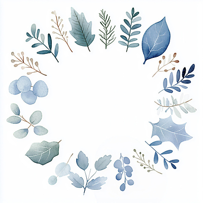 JPG 잎 일러스트 나뭇잎 수채화 사람없음 장식 파란색 심플 원형프레임 국내일러스트 AI일러스트 AI콘텐츠 식물 컬러 프레임 원형 파일형식