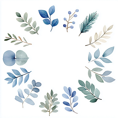 JPG 잎 일러스트 나뭇잎 수채화 사람없음 장식 파란색 심플 원형프레임 국내일러스트 AI일러스트 AI콘텐츠 식물 컬러 프레임 원형 파일형식