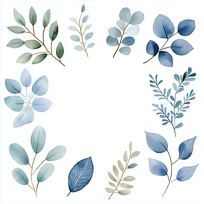 JPG 잎 일러스트 나뭇잎 수채화 사람없음 장식 파란색 심플 국내일러스트 AI일러스트 AI콘텐츠 식물 컬러 파일형식