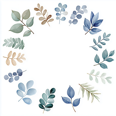 JPG 잎 일러스트 나뭇잎 수채화 사람없음 장식 파란색 심플 원형프레임 국내일러스트 AI일러스트 AI콘텐츠 식물 컬러 프레임 원형 파일형식