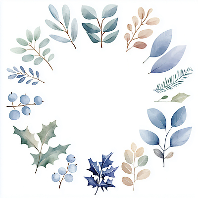 JPG 잎 일러스트 나뭇잎 수채화 사람없음 장식 파란색 심플 원형프레임 국내일러스트 AI일러스트 AI콘텐츠 식물 컬러 프레임 원형 파일형식