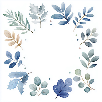 JPG 잎 일러스트 나뭇잎 수채화 사람없음 장식 파란색 심플 원형프레임 국내일러스트 AI일러스트 AI콘텐츠 식물 컬러 프레임 원형 파일형식