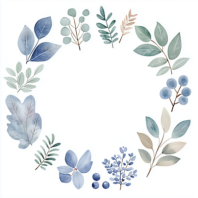JPG 잎 일러스트 나뭇잎 수채화 사람없음 장식 파란색 심플 원형프레임 국내일러스트 AI일러스트 AI콘텐츠 식물 컬러 프레임 원형 파일형식