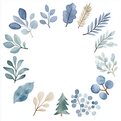 JPG 잎 일러스트 나뭇잎 수채화 사람없음 장식 파란색 심플 원형프레임 국내일러스트 AI일러스트 AI콘텐츠 식물 컬러 프레임 원형 파일형식