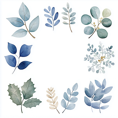JPG 잎 일러스트 나뭇잎 수채화 사람없음 장식 파란색 심플 국내일러스트 AI일러스트 AI콘텐츠 식물 컬러 파일형식